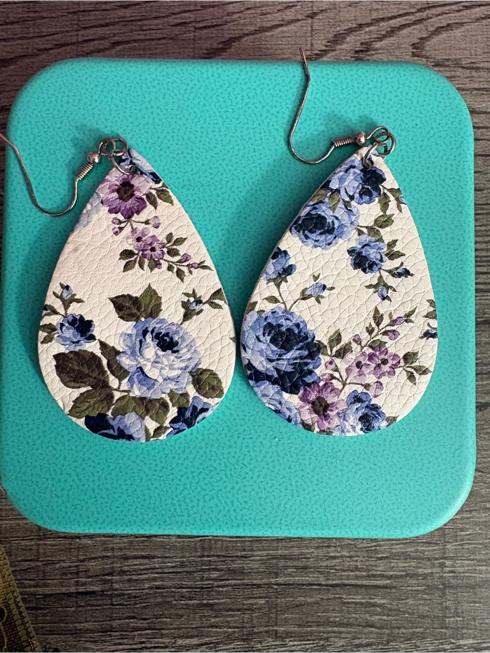 Floral Teardrop Earrings - White with Blue & Purple Flowers